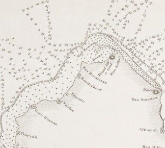 Detail of an 1824 British survey map of Qatar showing the Abu Dhalouf area on the north coast