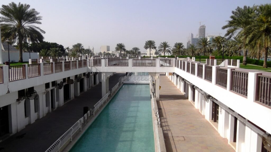 Footbridge and water channel in Al Bidda Park, Doha