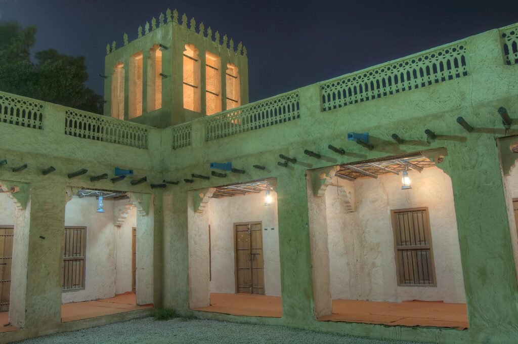 Traditional wind tower building in the Rumeilah area of the park