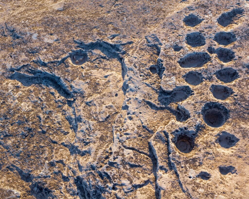 Shallow carved figures and cup marks on the limestone surface at Al Jassasiya