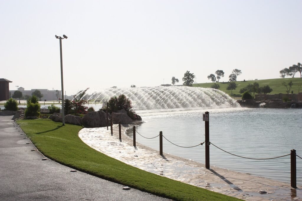 Fountain and lawns in Aspire Park, Doha