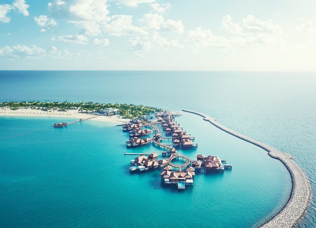 Aerial view of the over-water villas at Banana Island Resort Doha by Anantara