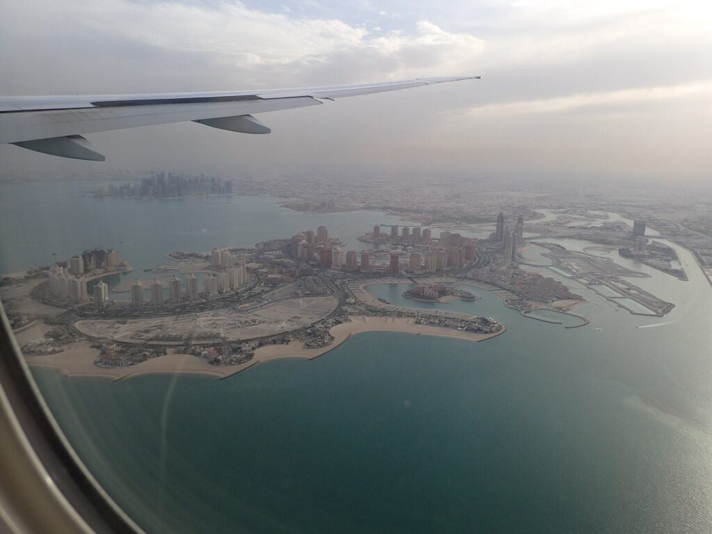 Banana Island seen from an aircraft window off the Doha coast