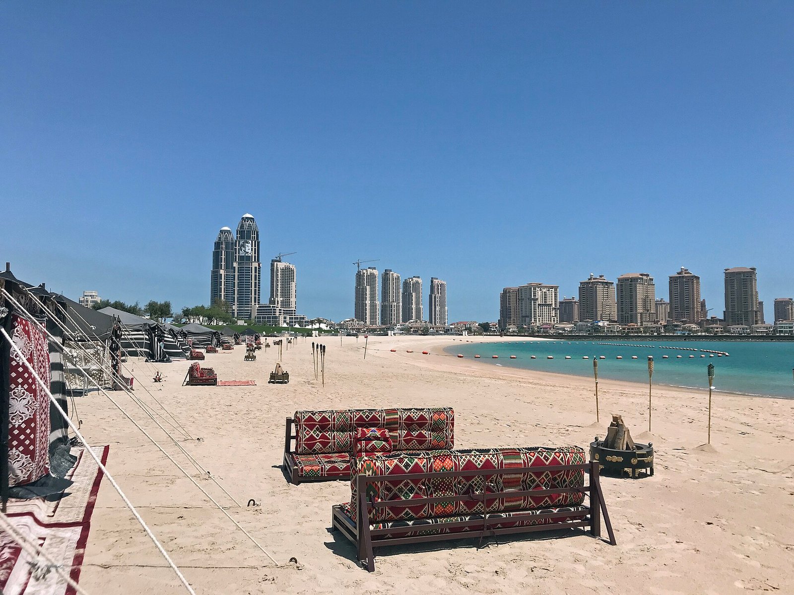 Katara Beach in Doha with the Lusail skyline behind the sand