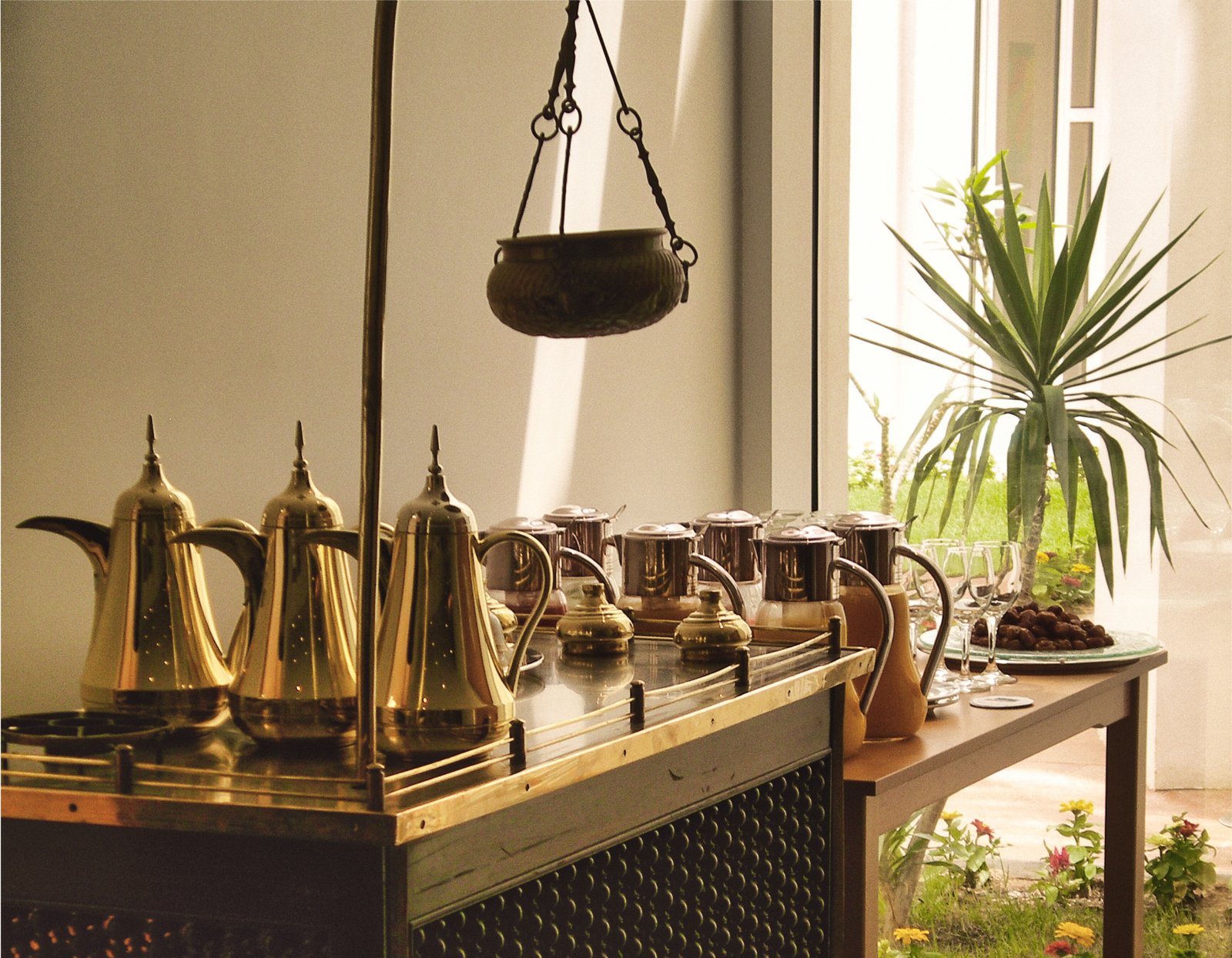 Traditional Qatari coffee and dates on a table