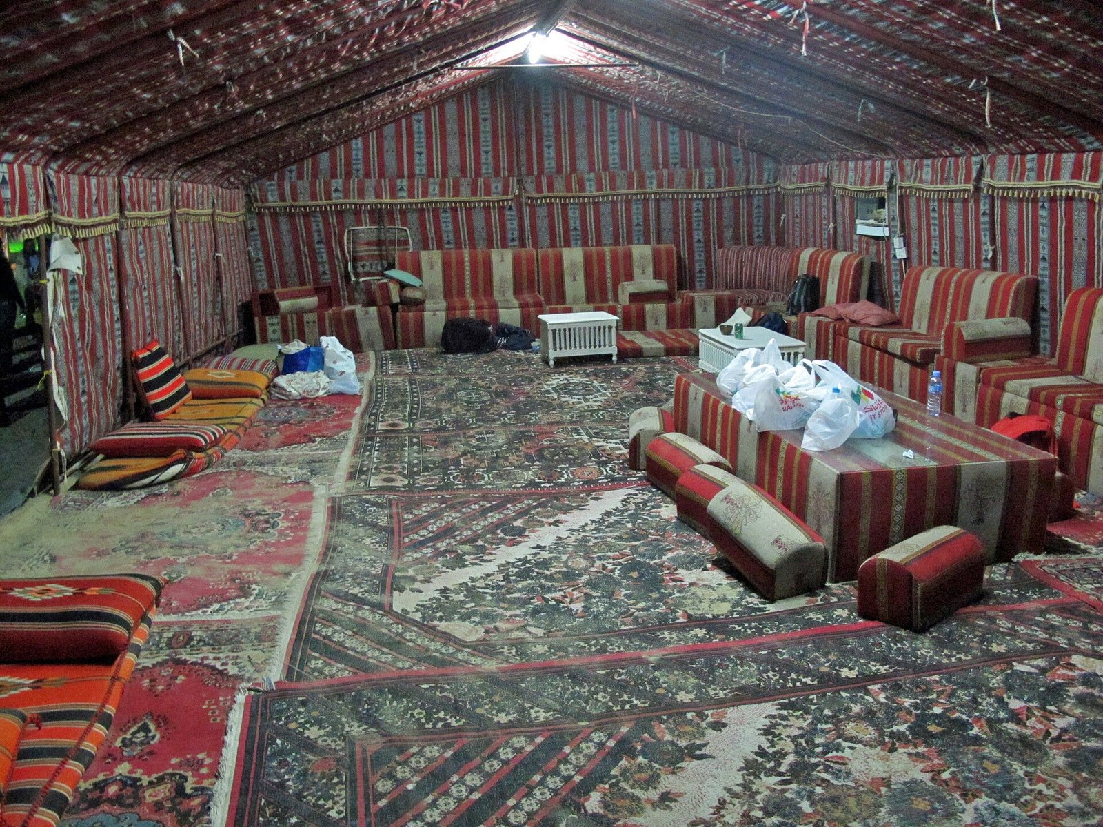 Carpeted majlis inside a traditional-style camping tent in southern Qatar