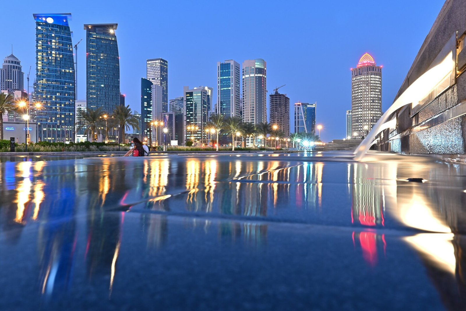 Water feature in Sheraton Park at the West Bay end of the Corniche with towers behind