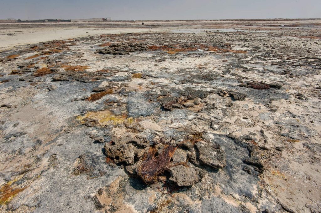 Weathered beachrock in shades of grey, rust and cream on the shore at Freiha