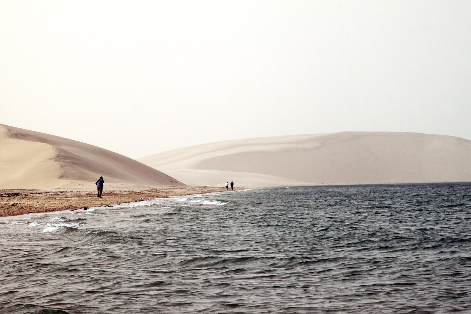 Visitors standing where the sand dunes meet the shallow water of Qatar's Inland Sea