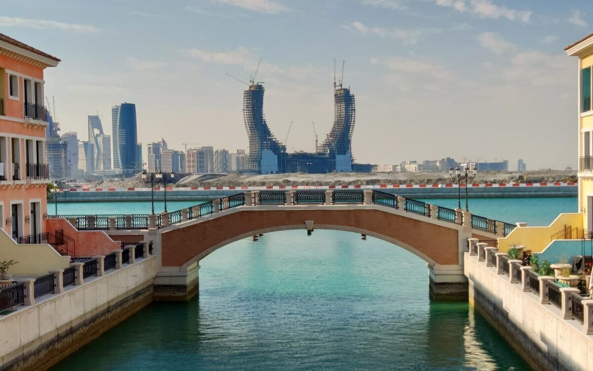 Katara Towers rising behind a canal bridge in the Lusail Marina District