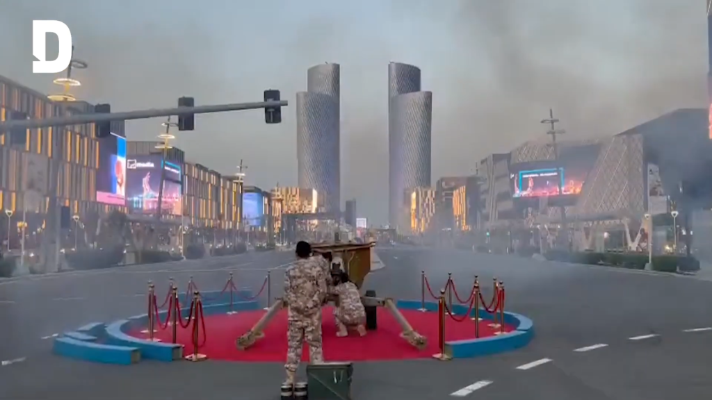 The Ramadan cannon being fired in Lusail with the Plaza Towers behind