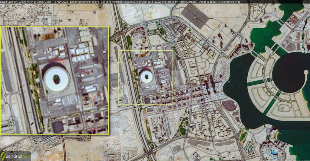 Satellite image of Lusail Stadium and the surrounding district in November 2022