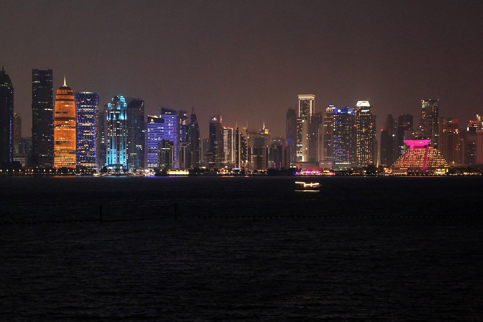 The West Bay skyline in Doha lit up at night across the bay