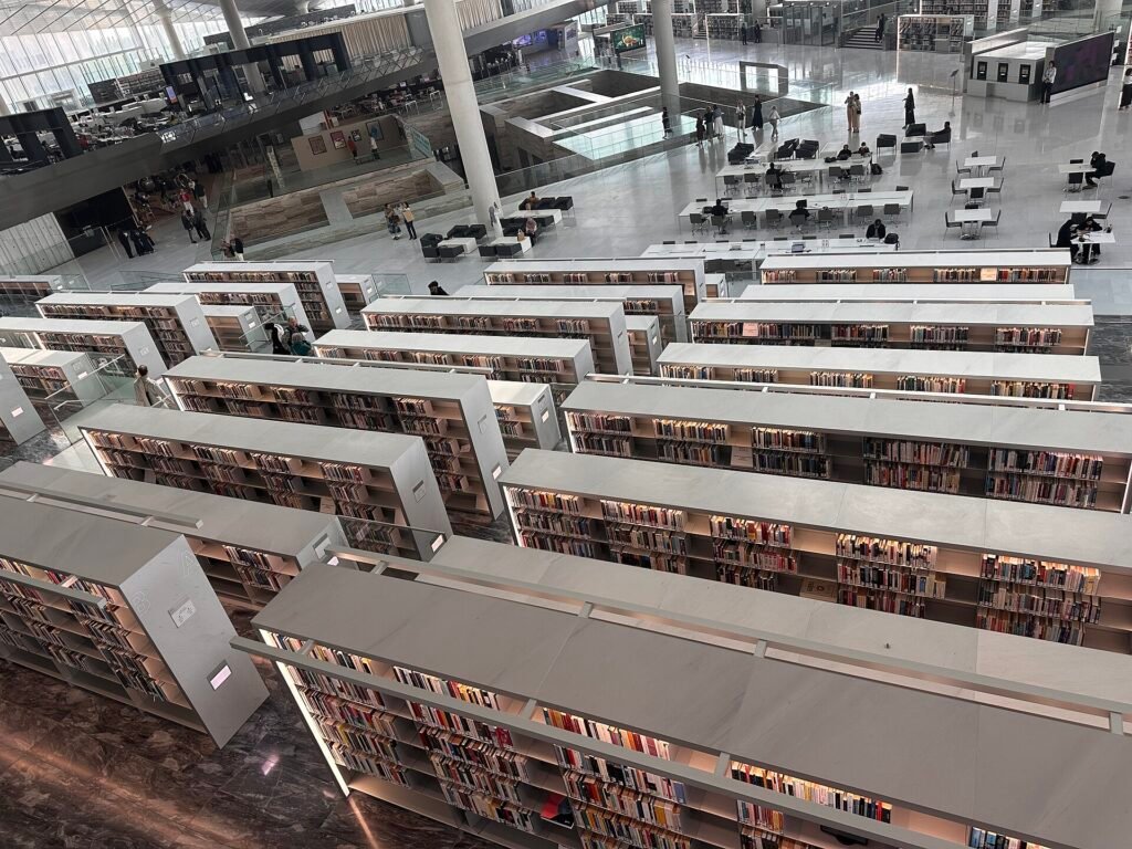 Reading desks and shelving inside Qatar National Library
