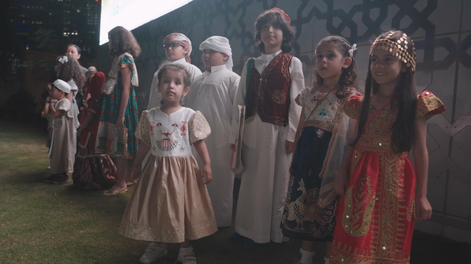 Children in traditional Qatari dress at a Garangao celebration in Qatar