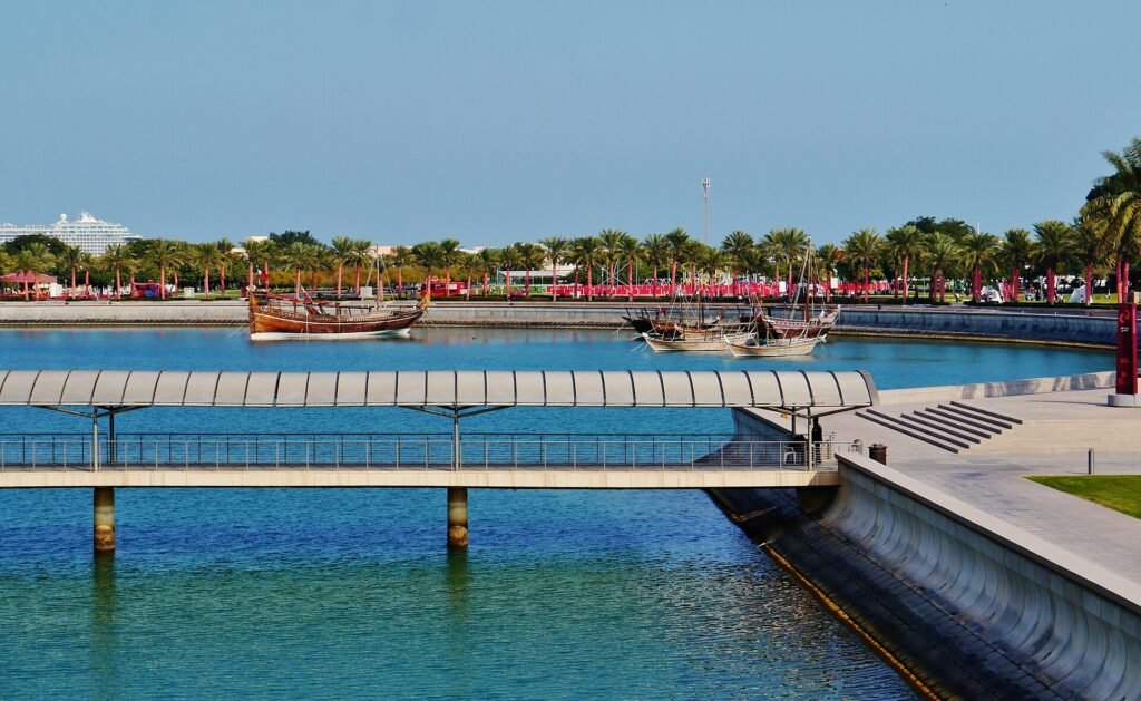 Waterfront walkway and the bay at MIA Park, Doha