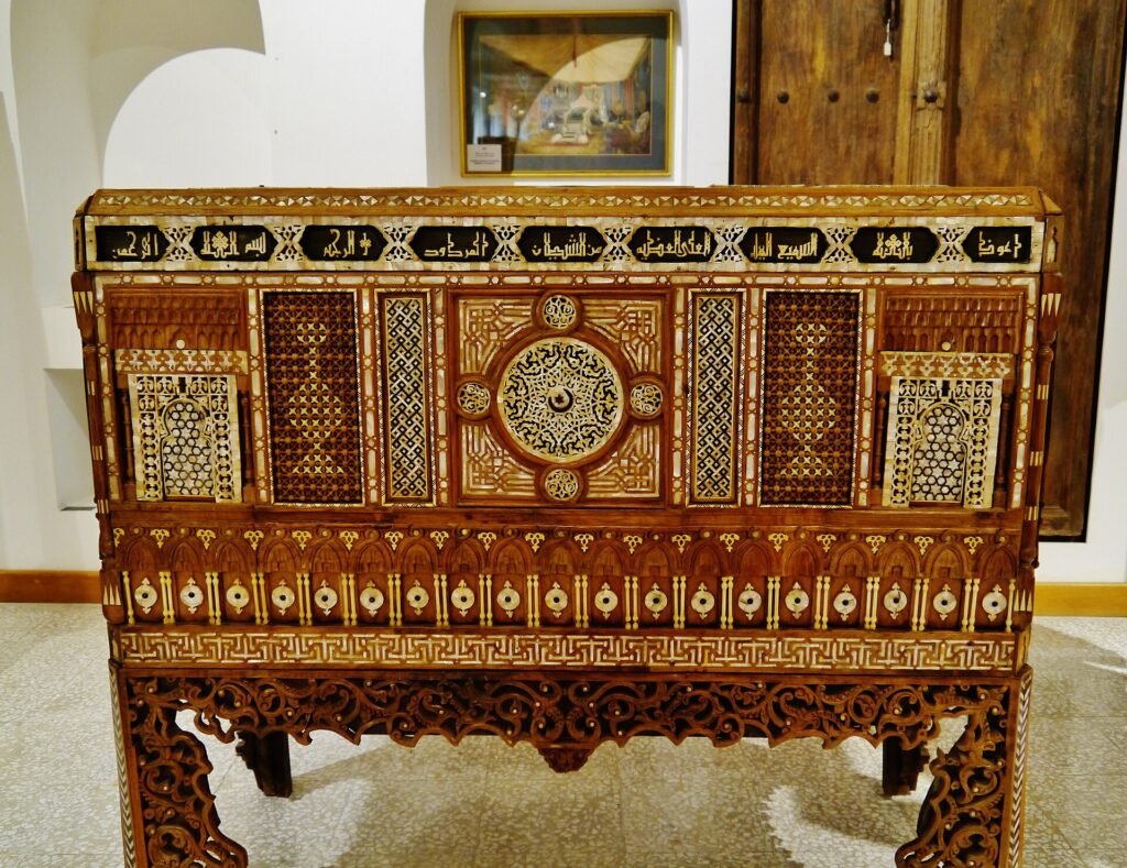 Inlaid wooden cabinet with mother-of-pearl decoration in the Sheikh Faisal Museum